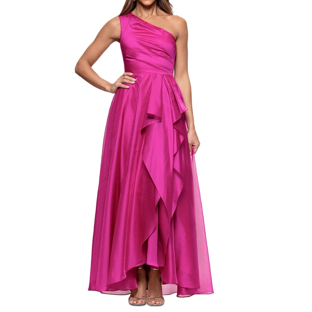 XSCAPE Metallic Draped One-Shoulder Gown
